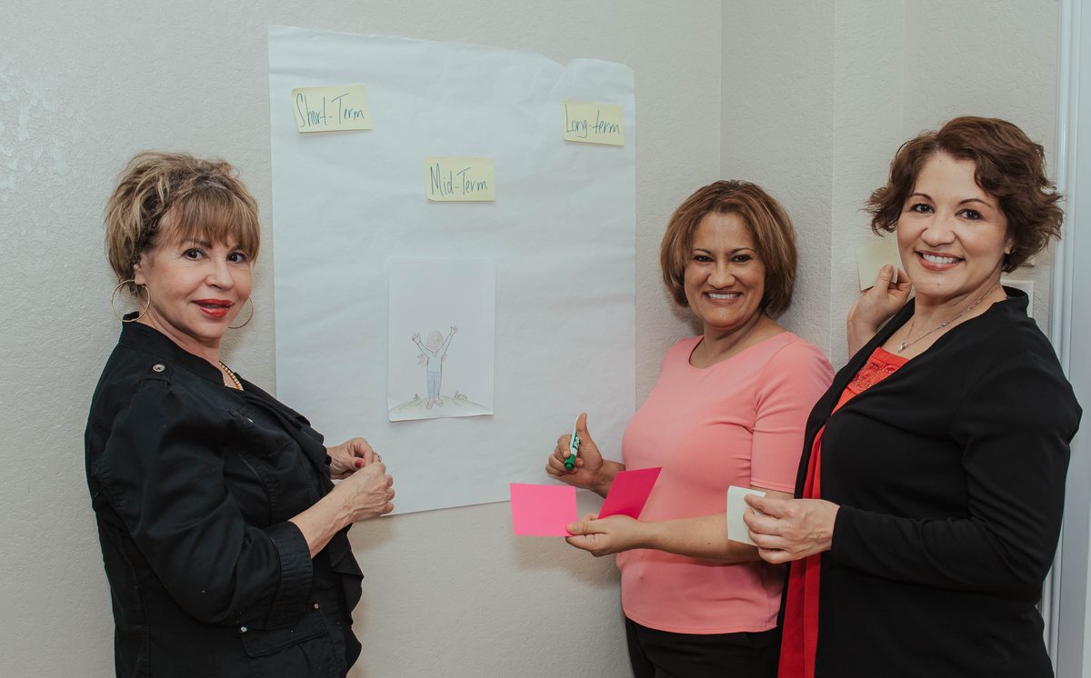 Three participants at a flip chart, sorting pink and yellow
                    sticky notes into short-, mid- and long-term horizons.